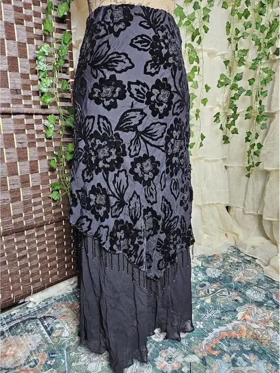 Y2K Black Floral Beaded Maxi Skirt Pave by Eva Blue Whimsigoth Gothic Fairy - Picture 1 of 7